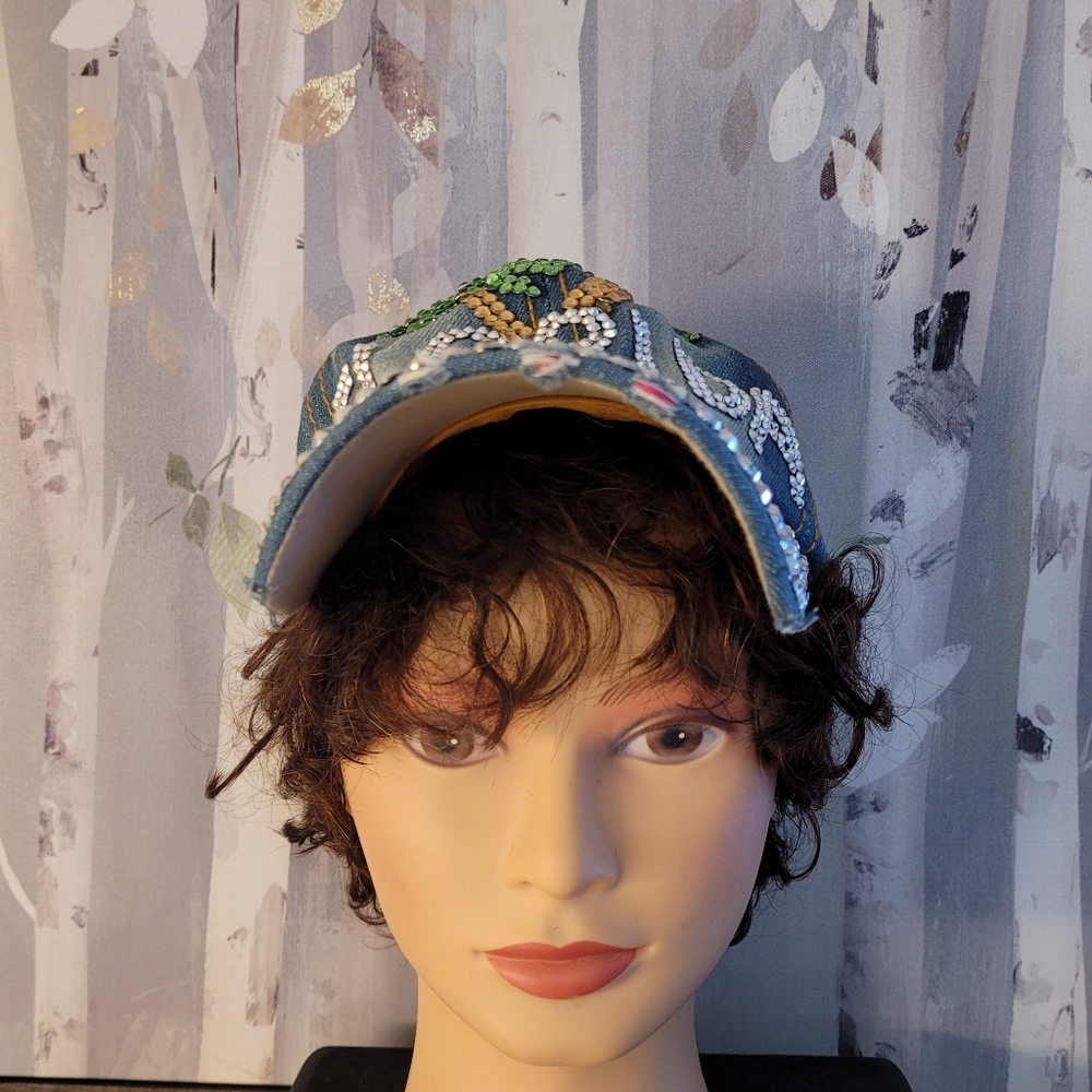 Florida Palm Trees Bedazzled Vintage Look Denim Asjustable Adult Ball Cap - Picture 6 of 13